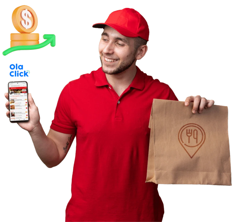 Repartidor con gorra y camiseta roja sosteniendo el celular con la app de OlaClick y una bolsa de delivery