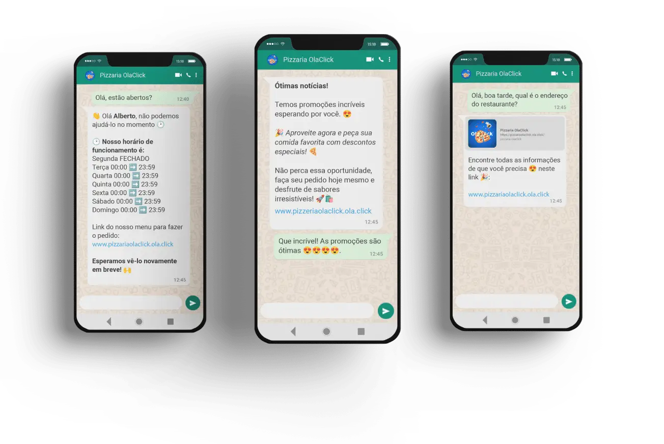 Tres celulares mostrando conversaciones automáticas del asistente virtual de OlaClick: mensajes de venta, de horario y de información