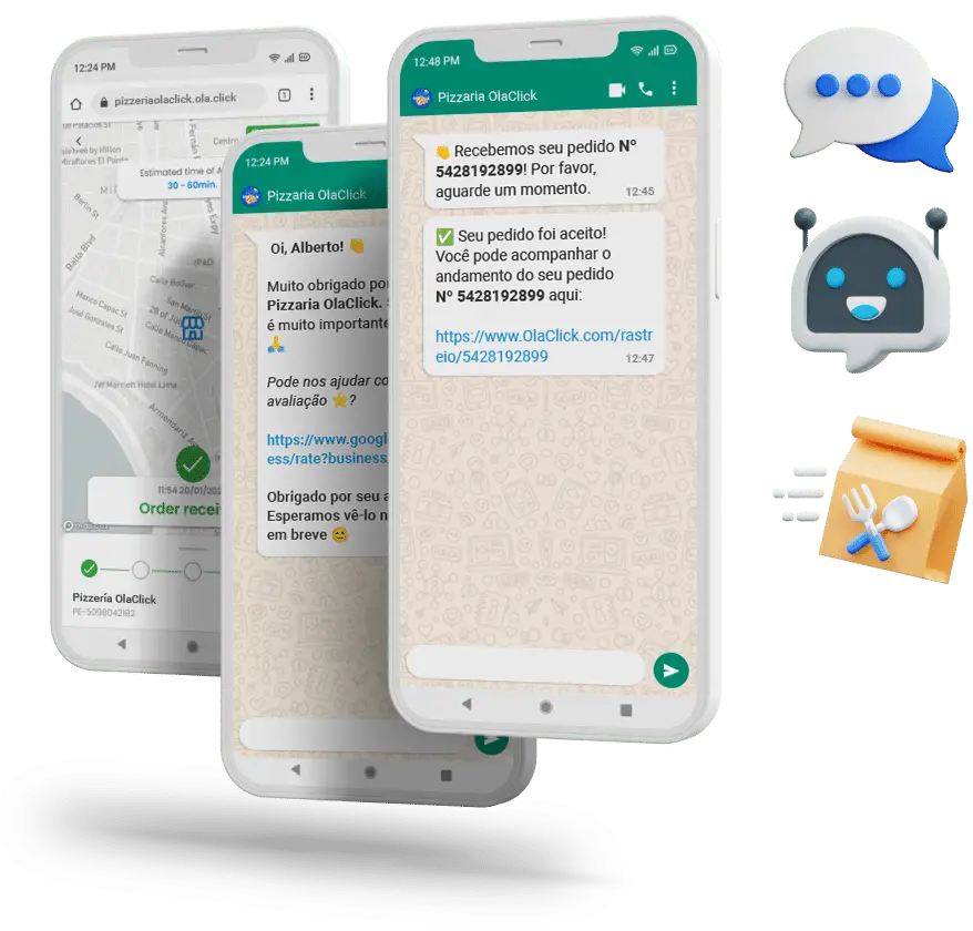 Celulares mostrando notificaciones automáticas del asistente virtual de OlaClick: pedido recibido, aceptado y en preparación