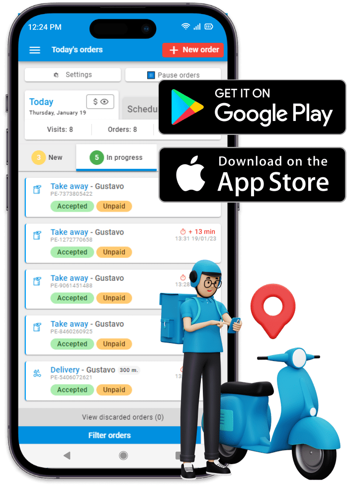 Celular mostrando la app para repartidor y la app para meseros de OlaClick