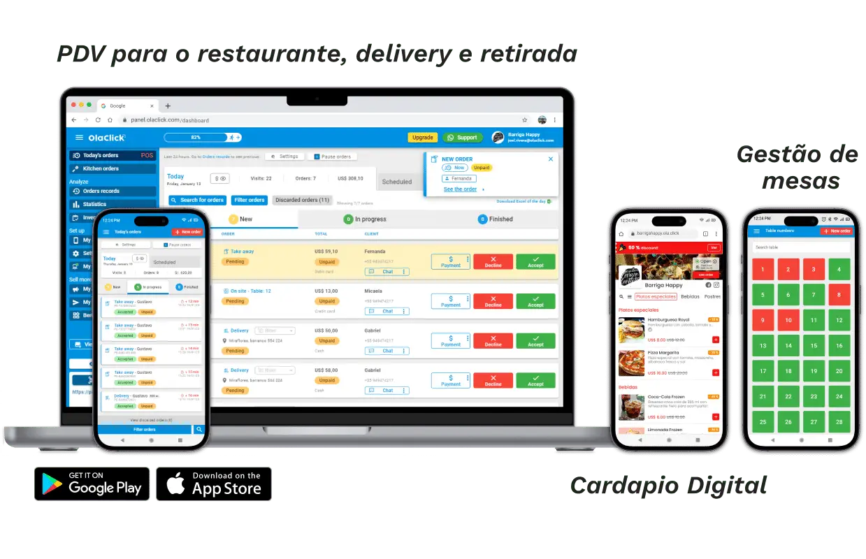 Camarero digital de OlaClick en ordenador y móvil: pedidos a domicilio, en sitio y para llevar, menú digital y gestión de mesas