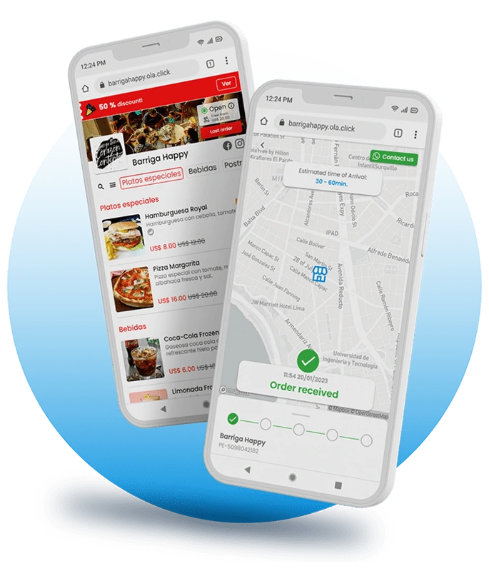 Celulares mostrando la carta digital con código QR y el seguimiento de pedidos de OlaClick