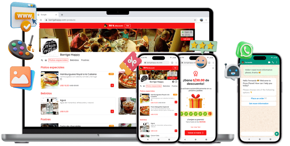 Menú QR de OlaClick en laptop, tablet y celular mostrando la carta digital de un restaurante