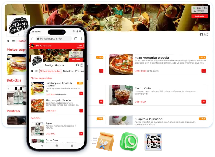 Menú QR de OlaClick en celular y computadora mostrando la carta digital de un restaurante