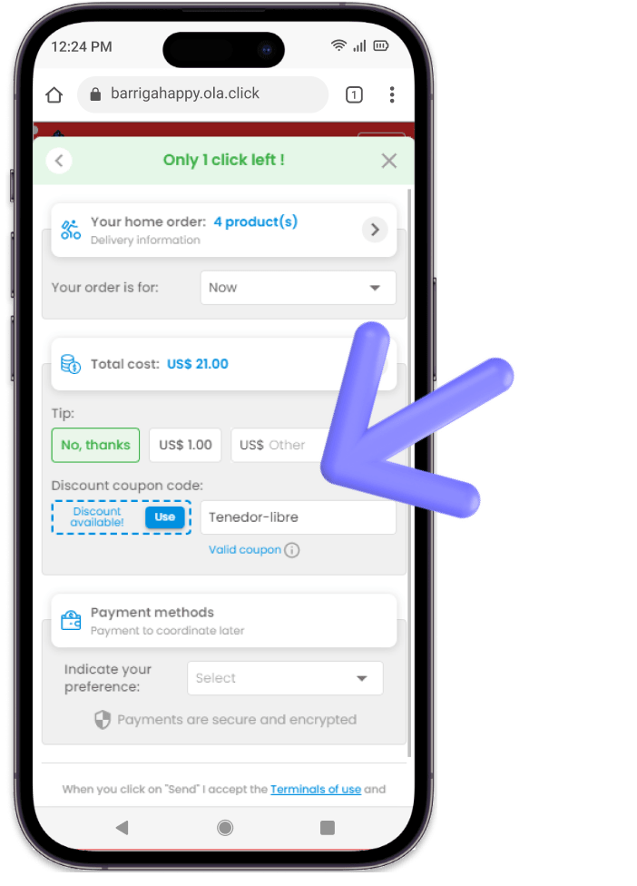 Resumen de compra de un pedido mostrando que un cliente puede aplicar un descuento en un click