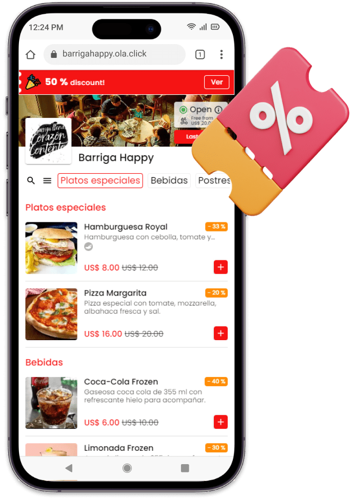 Header de la pagina de producto del menu digital mostrando un descuento de 50%