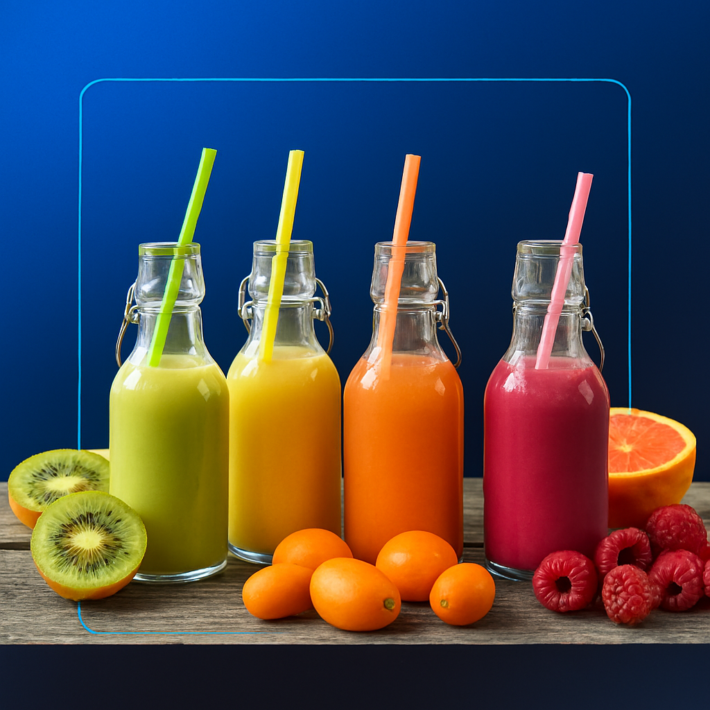foto mostra uma mesa com 4 sucos do cardapio de bebidas e frutas em cima